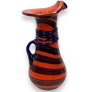 Vintage Czech Bohemian Tango Glass Orange Blue Striped‎ Pitcher Handle Vase